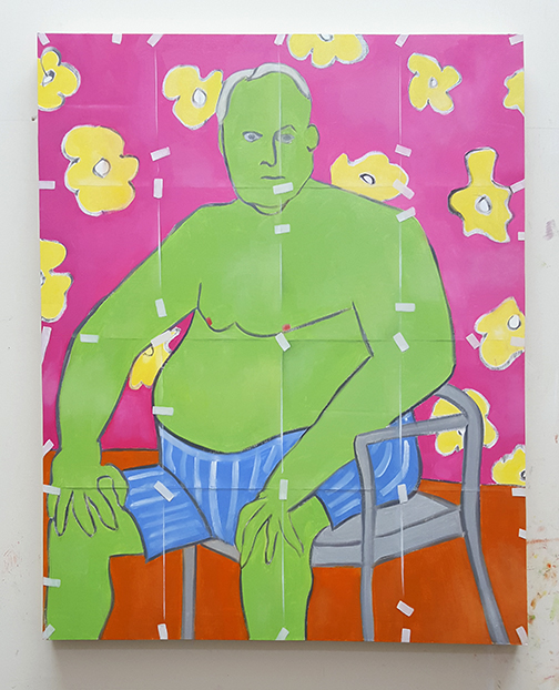 oil painting of an obese seated green man with yellow background flowers in a graphic flat cartoon style  